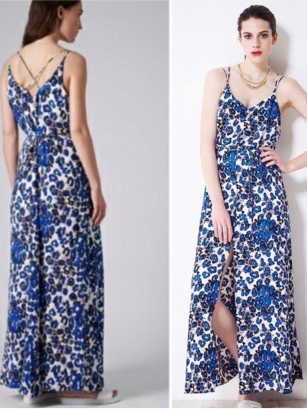 Topshop Blue Leopard Print Maxi Dress Size 4 (would fit anybody size S